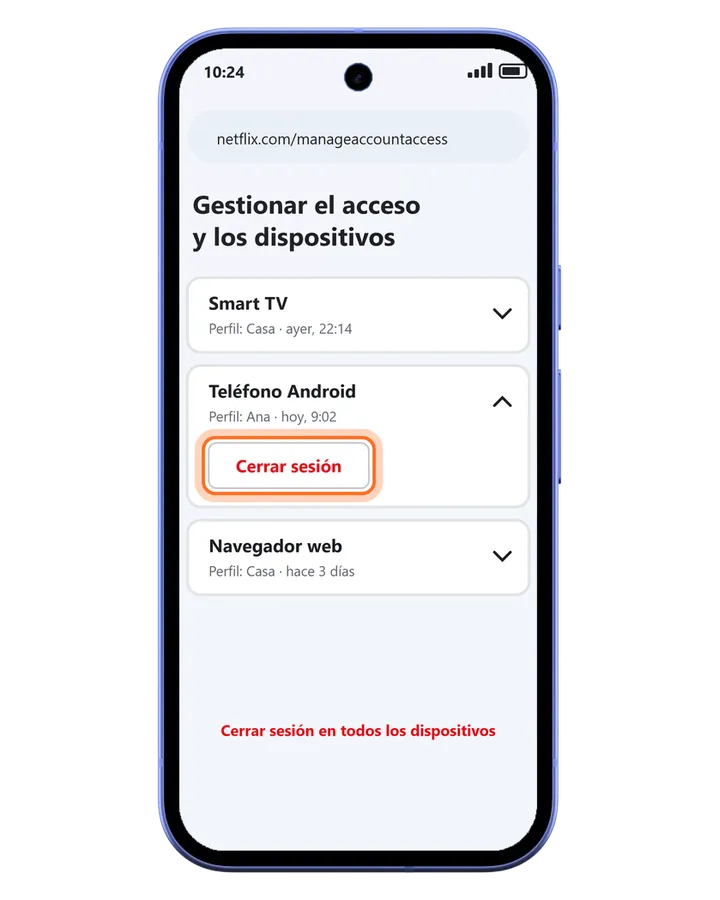 Pixel 10a con el navegador en Gestionar el acceso y los dispositivos de Netflix y Cerrar sesión en uno de ellos