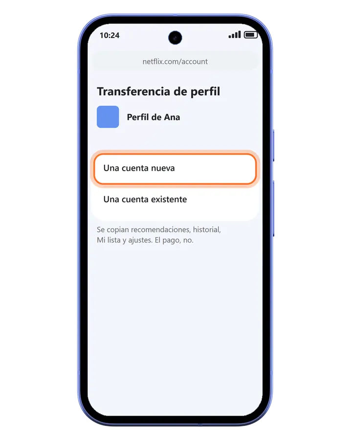 Pixel 10a con el navegador en la transferencia de perfil de Netflix: Una cuenta nueva y Una cuenta existente
