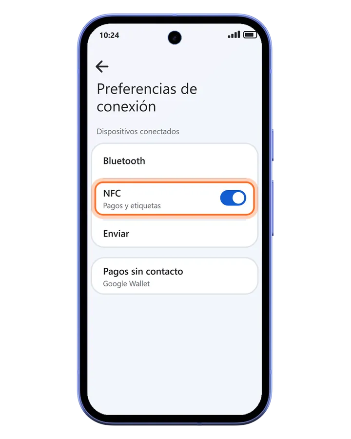 Pixel 10a en Ajustes, Dispositivos conectados, Preferencias de conexión, con el interruptor de NFC activado y marcado