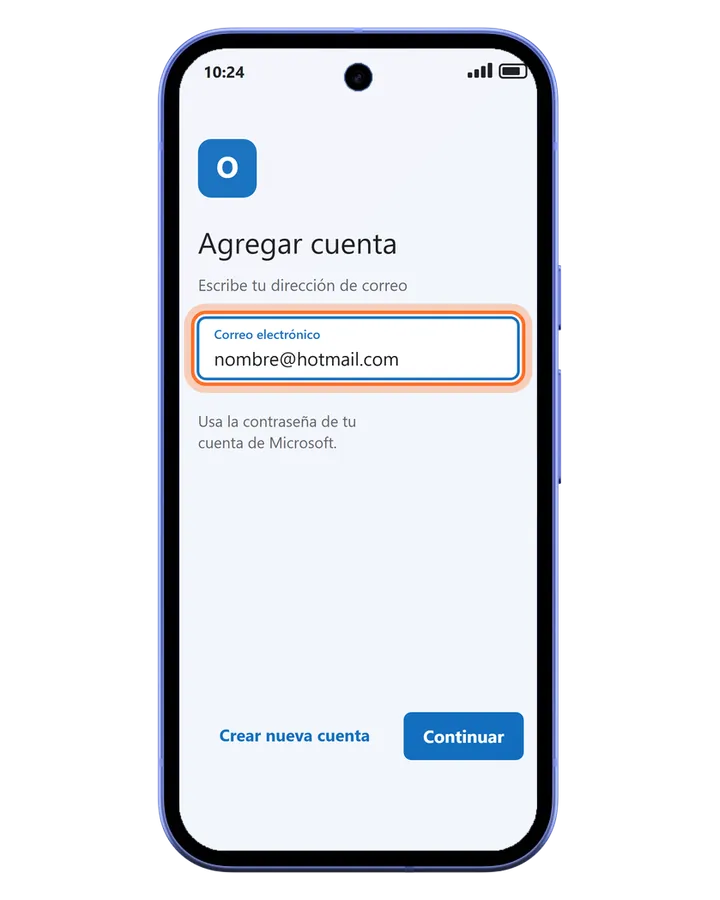 Pixel 10a en la app de Outlook: Agregar cuenta con una dirección de Hotmail y el botón Continuar