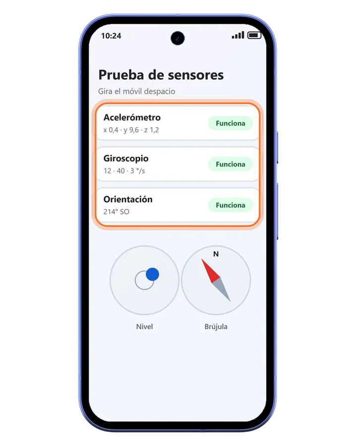 Pixel 10a con la prueba de sensores de TrucosMóvil: acelerómetro, giroscopio y orientación marcados como Funciona, con un nivel y una brújula