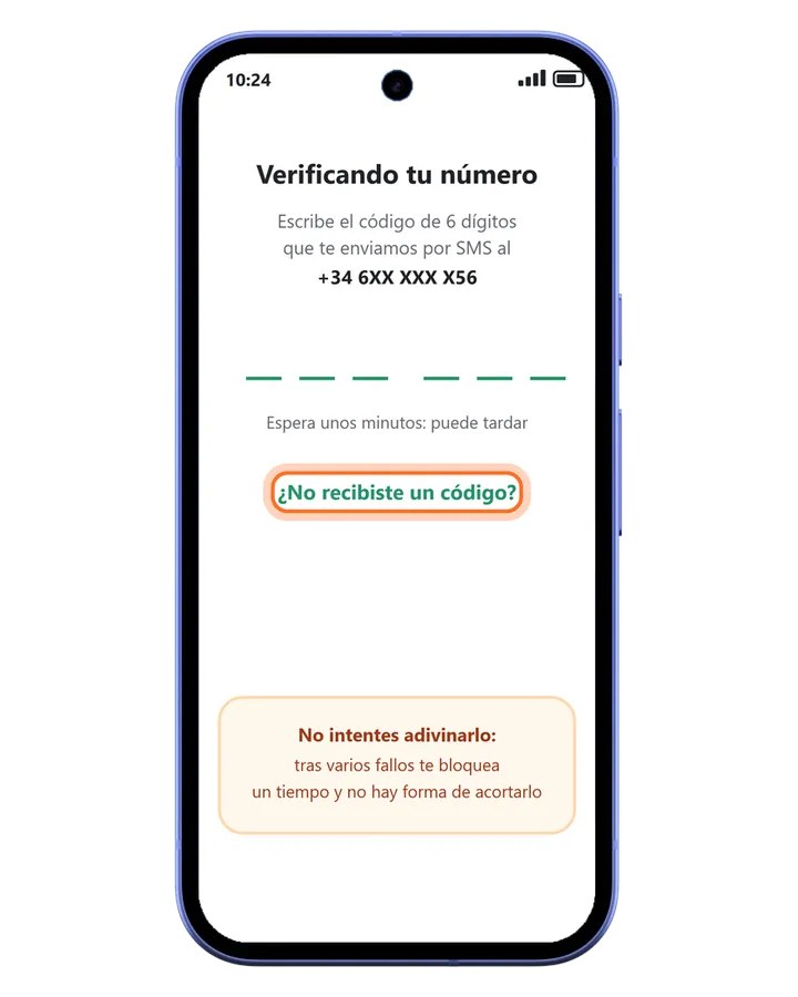 Pixel 10a con la pantalla de WhatsApp Verificando tu número, las seis casillas del código y el enlace ¿No recibiste un código? marcado