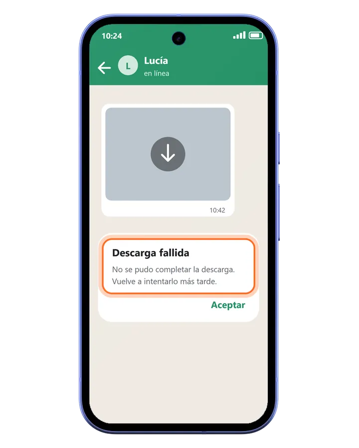 Pixel 10a con un chat de WhatsApp: una foto sin descargar y el aviso Descarga fallida, vuelve a intentarlo más tarde