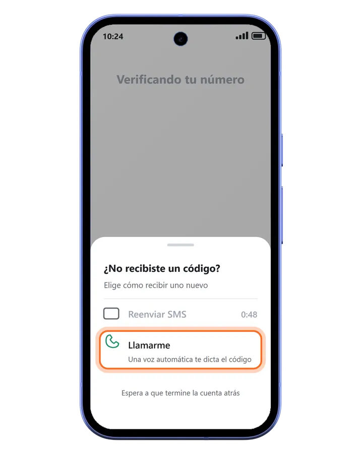 Pixel 10a con el menú de WhatsApp para pedir otro código: Reenviar SMS con la cuenta atrás y Llamarme marcado