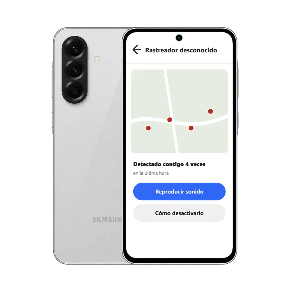 Samsung Galaxy A56 5G con el mapa de un rastreador desconocido detectado cuatro veces y los botones Reproducir sonido y Cómo desactivarlo