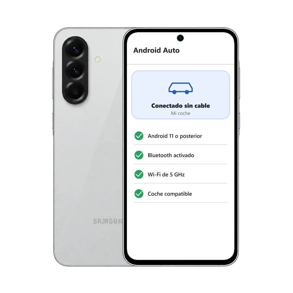 Samsung Galaxy A56 5G con Android Auto conectado sin cable a Mi coche y la lista de requisitos cumplidos