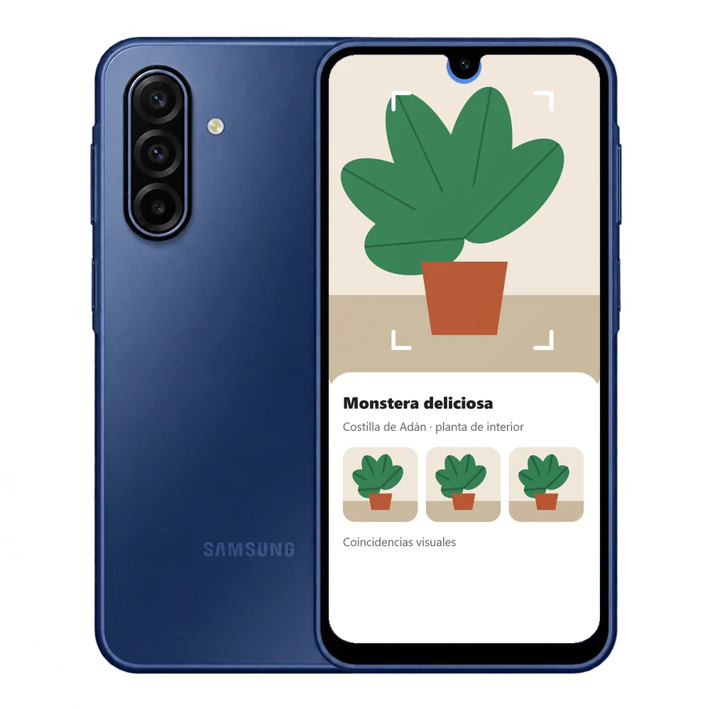 Samsung Galaxy A17 5G con Google Lens identificando una planta como Monstera deliciosa e imágenes parecidas