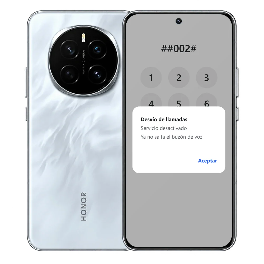 HONOR Magic7 con el código ##002# marcado y el aviso de la compañía: servicio desactivado, ya no salta el buzón de voz