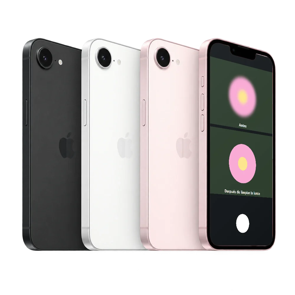 iPhone 17e con dos fotos de una flor: borrosa antes y nítida después de limpiar la lente