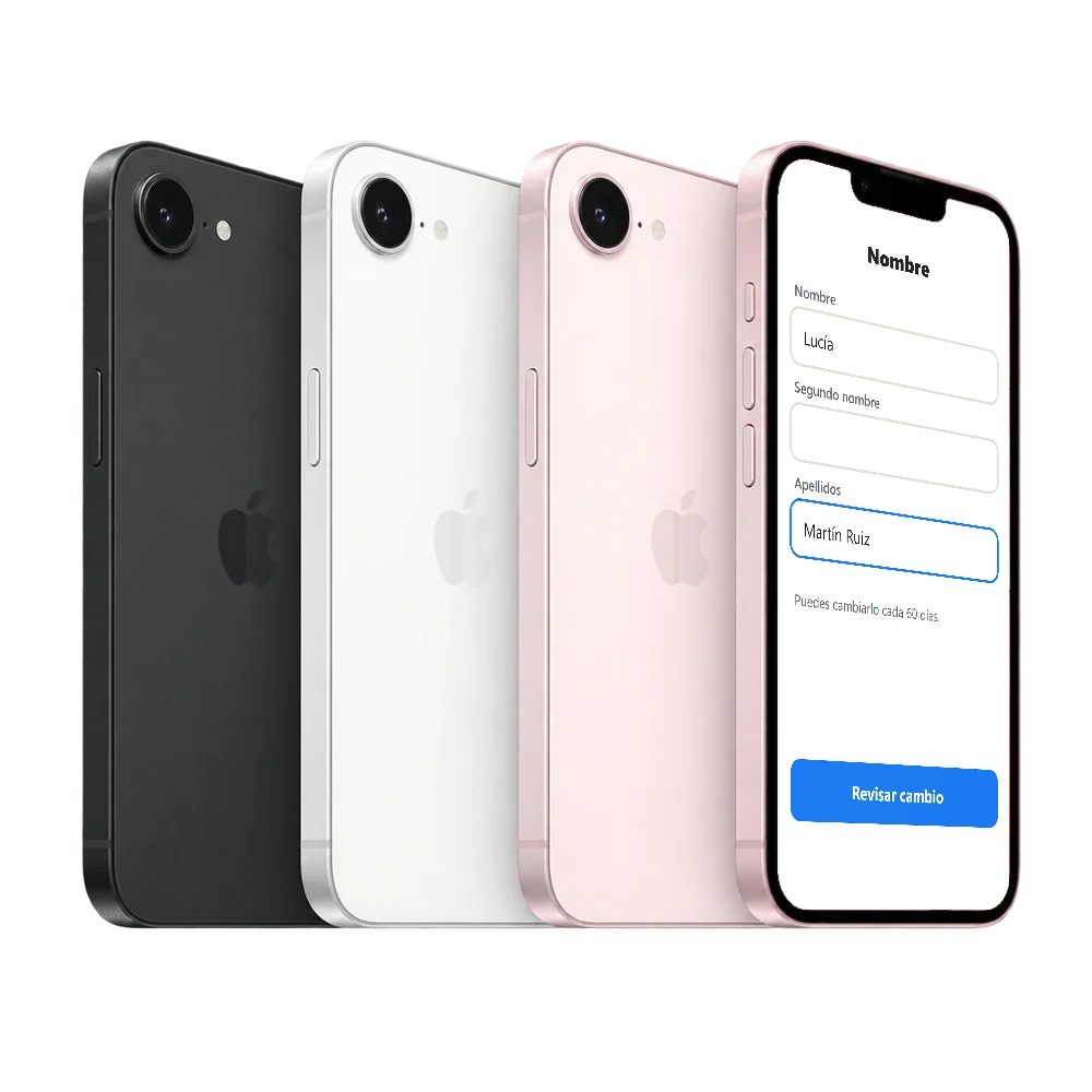 iPhone 17e con el formulario Nombre de Facebook y el botón Revisar cambio