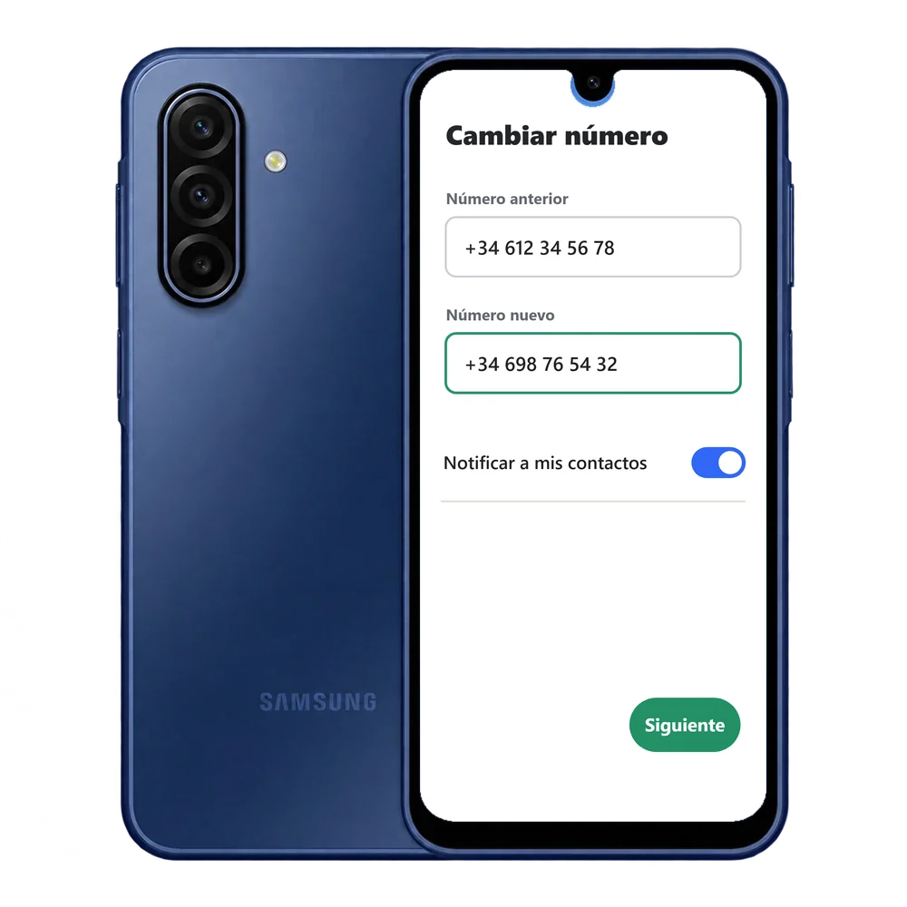 Samsung Galaxy A17 5G con la pantalla Cambiar número de WhatsApp y los dos números con +34