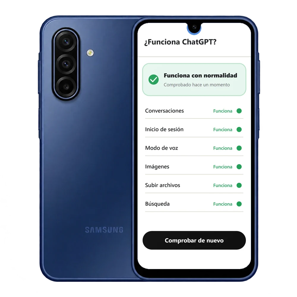 Samsung Galaxy A17 5G mostrando que ChatGPT funciona con normalidad y el estado de cada parte del servicio
