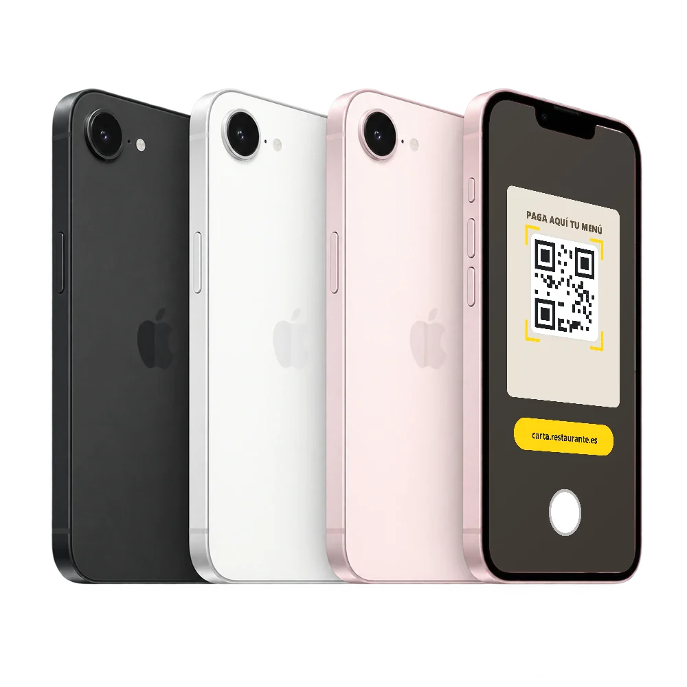 iPhone 17e con la cámara apuntando al código QR de un menú y el enlace carta.restaurante.es en una etiqueta amarilla