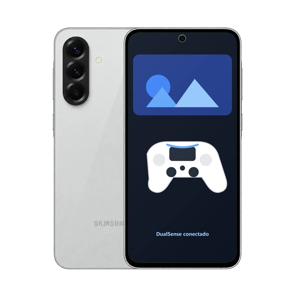 Samsung Galaxy A56 5G con un juego en pantalla y el mando DualSense conectado