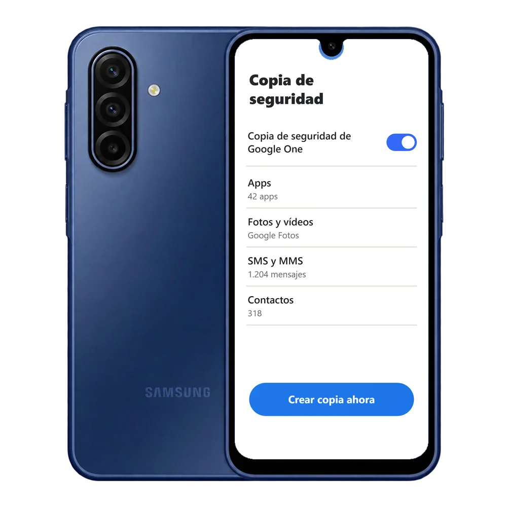 Samsung Galaxy A17 5G con la copia de seguridad de Google One activada y el botón Crear copia ahora