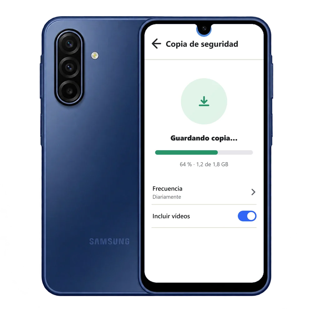 Samsung Galaxy A17 5G guardando la copia de seguridad de WhatsApp al 64 % con la frecuencia diaria