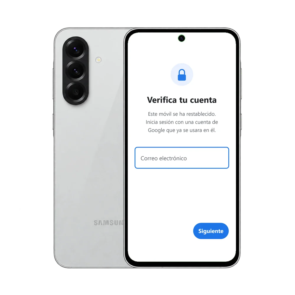 Samsung Galaxy A56 5G con la pantalla Verifica tu cuenta pidiendo el correo de Google