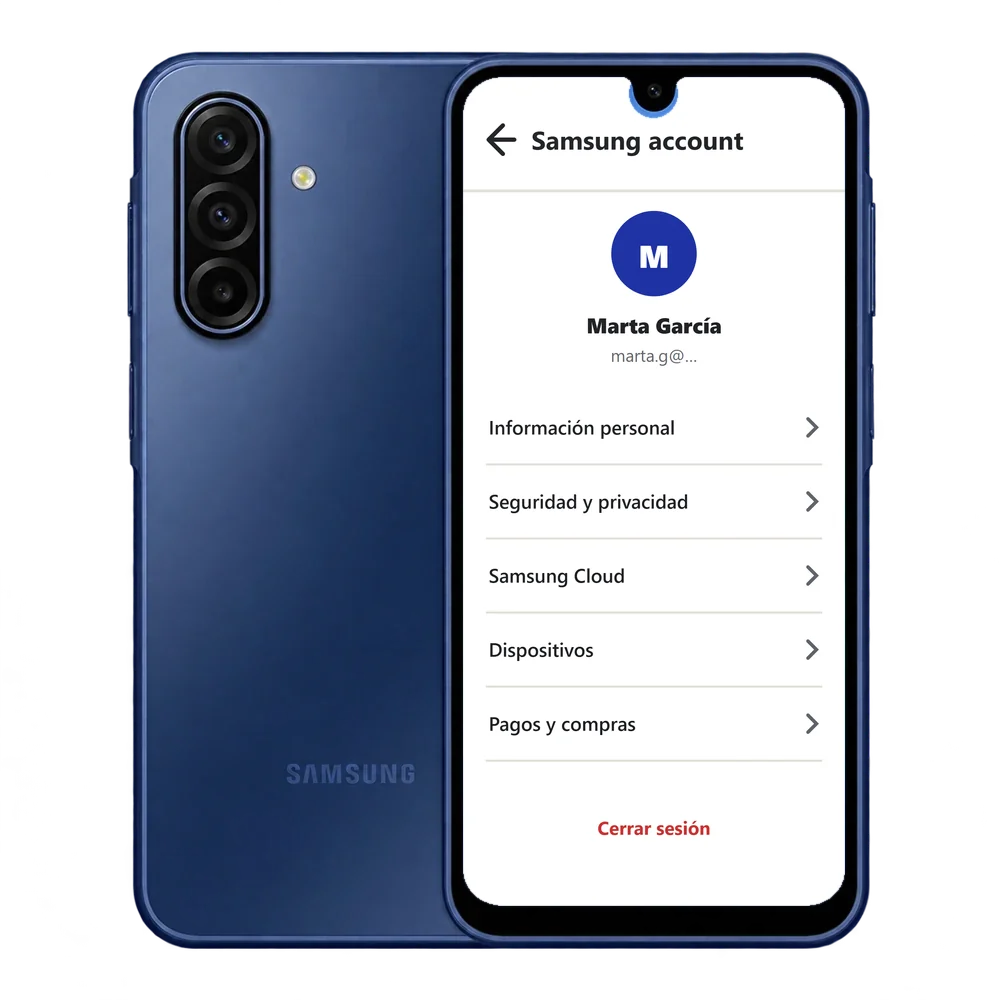 Samsung Galaxy A17 5G con la pantalla de Samsung account: Información personal, Seguridad y privacidad, Samsung Cloud, Dispositivos y Cerrar sesión