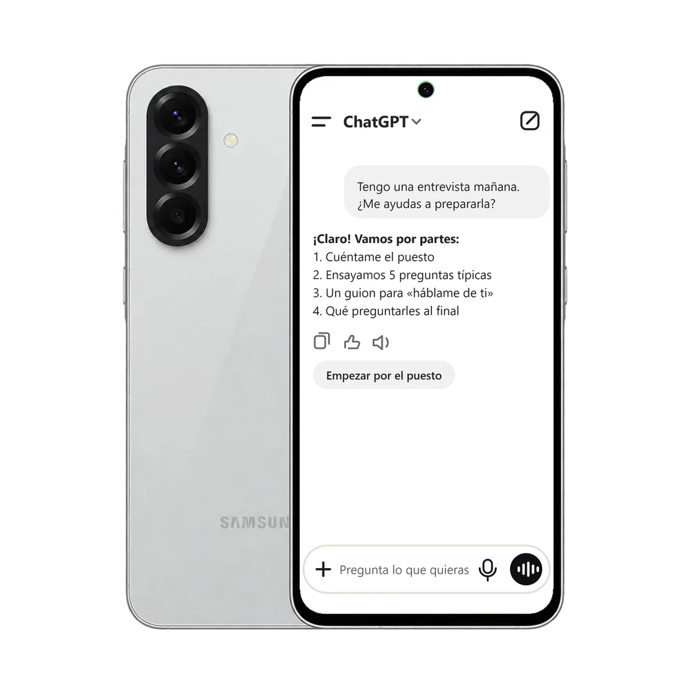 Samsung Galaxy A56 5G con la app de ChatGPT: una pregunta para preparar una entrevista de trabajo y la respuesta en una lista