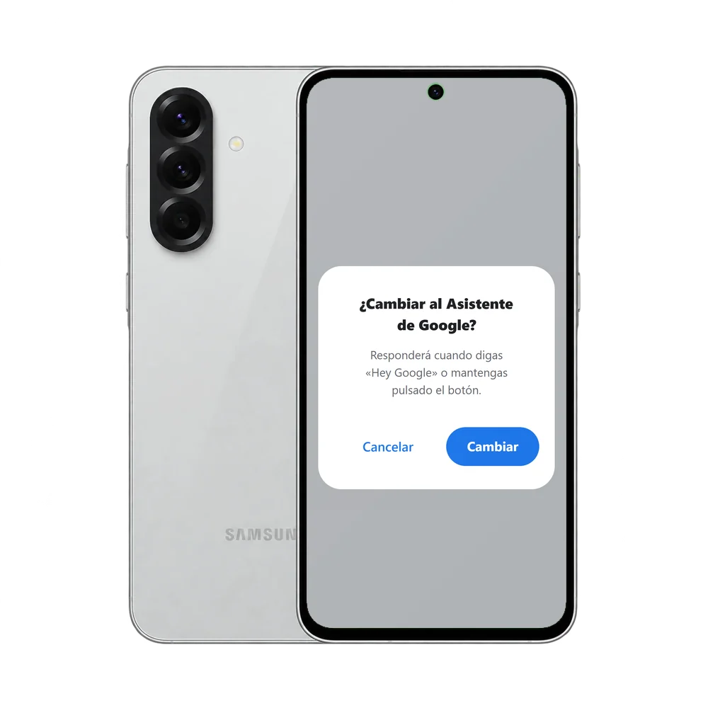 Samsung Galaxy A56 5G con el aviso ¿Cambiar al Asistente de Google?
