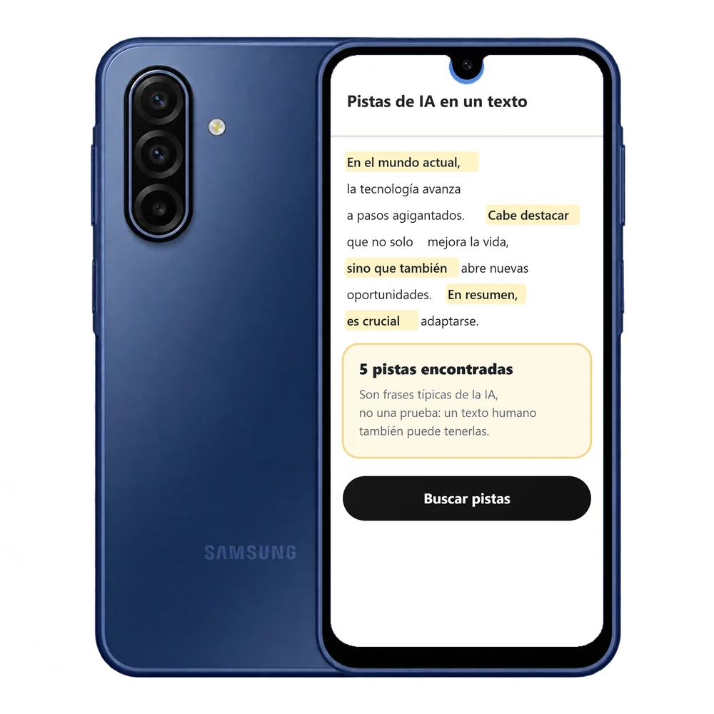 Samsung Galaxy A17 5G con el buscador de pistas de IA marcando en amarillo expresiones típicas de la IA en un texto