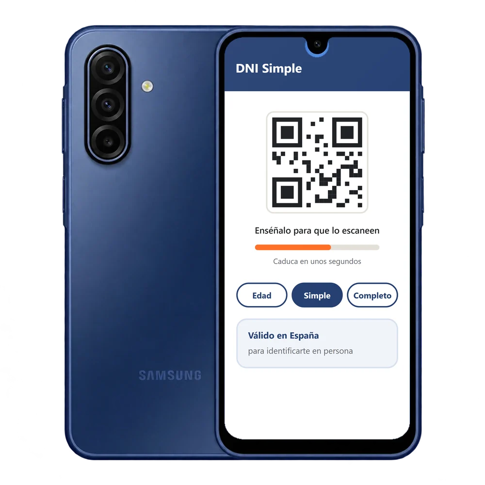 Samsung Galaxy A17 5G con el DNI en el móvil: código QR y opciones Edad, Simple y Completo