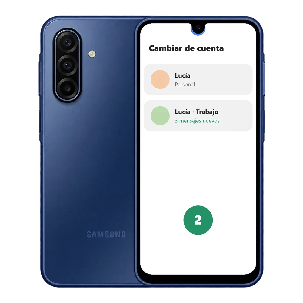 Samsung Galaxy A17 5G con el menú Cambiar de cuenta de WhatsApp y dos cuentas