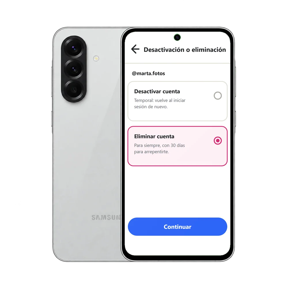 Samsung Galaxy A56 5G con la pantalla Desactivación o eliminación de Instagram y la opción Eliminar cuenta elegida