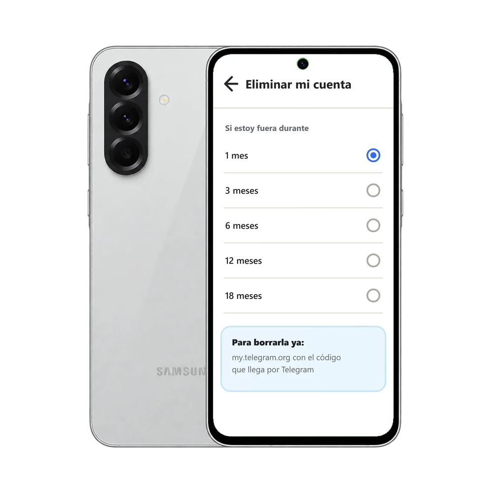 Samsung Galaxy A56 5G con el ajuste de Telegram Eliminar mi cuenta si estoy fuera durante y un aviso para borrarla ya en my.telegram.org