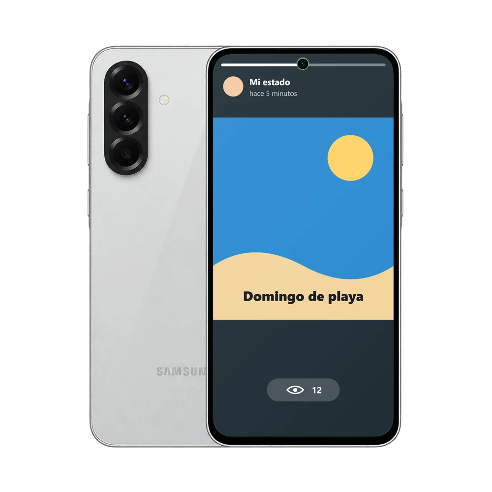 Samsung Galaxy A56 5G con un estado de WhatsApp de una playa y el contador de visualizaciones