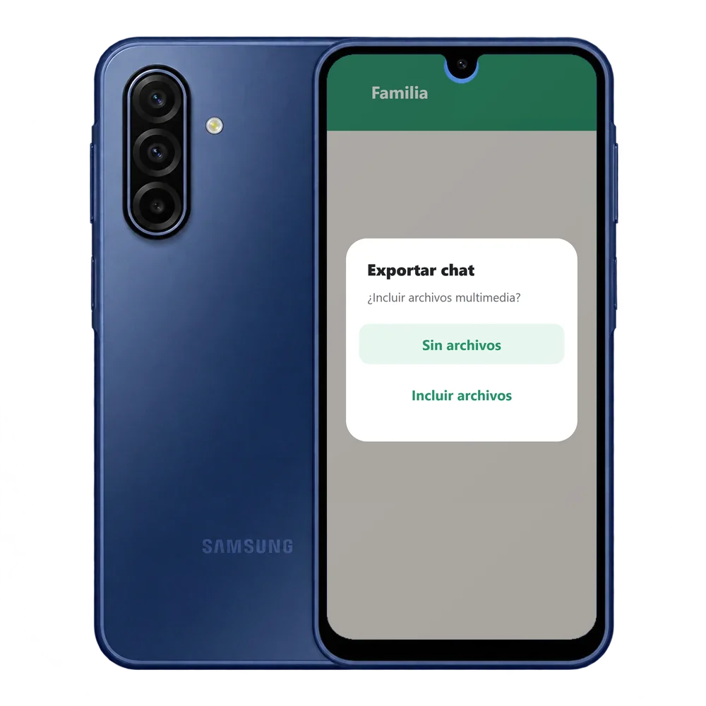 Samsung Galaxy A17 5G con la ventana Exportar chat y las opciones Sin archivos e Incluir archivos