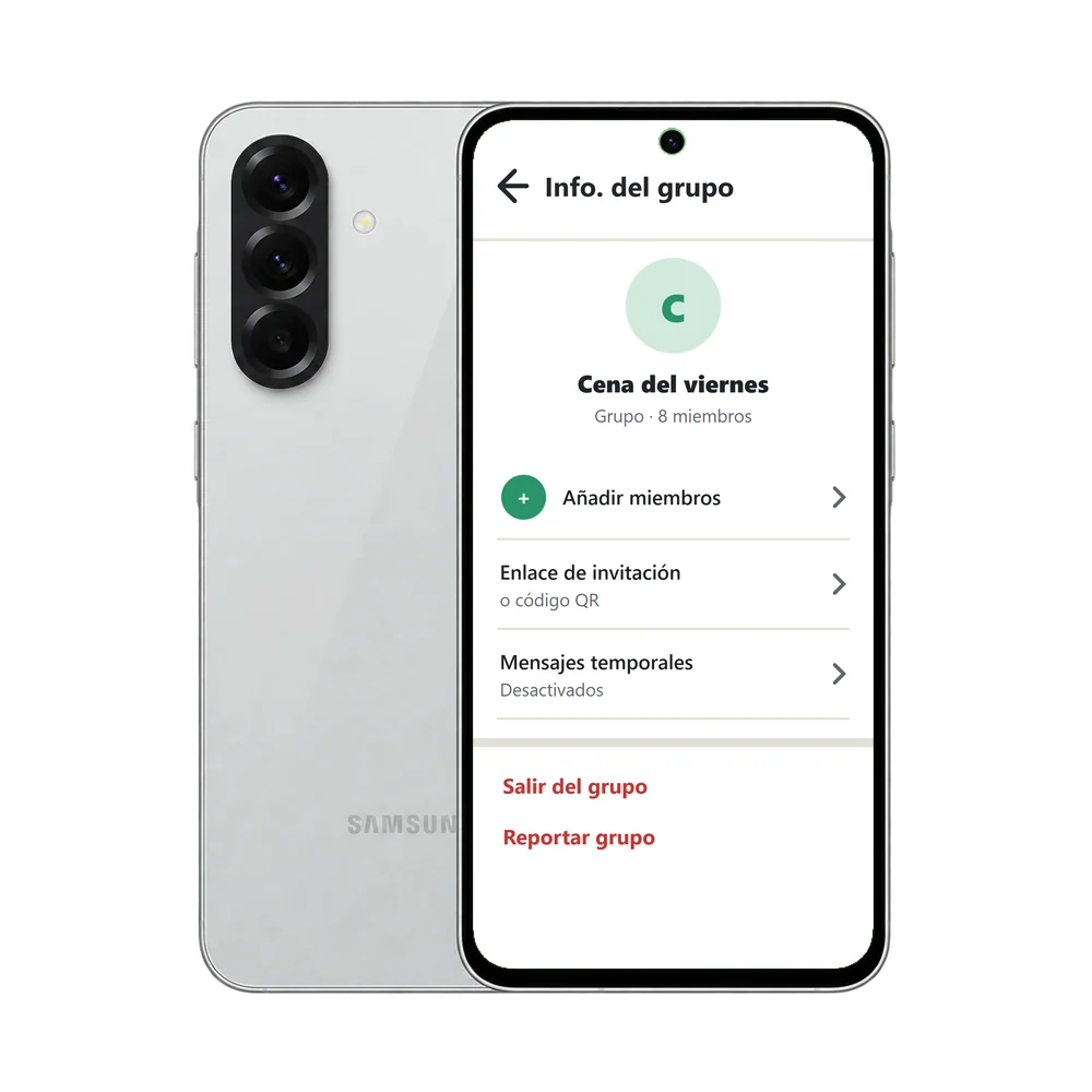 Samsung Galaxy A56 5G con la información de un grupo de WhatsApp: Añadir miembros, Enlace de invitación, Mensajes temporales y Salir del grupo