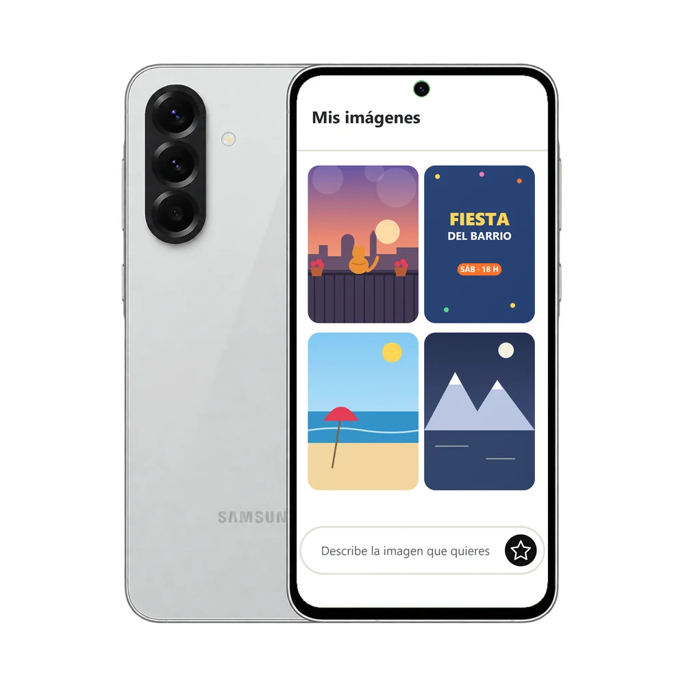 Samsung Galaxy A56 5G con una galería de imágenes creadas con IA: un gato en un balcón, un cartel de fiesta, una playa y unas montañas