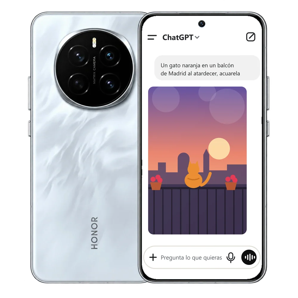 HONOR Magic7 con ChatGPT mostrando una imagen en acuarela de un gato naranja en un balcón de Madrid al atardecer, creada a partir de una descripción