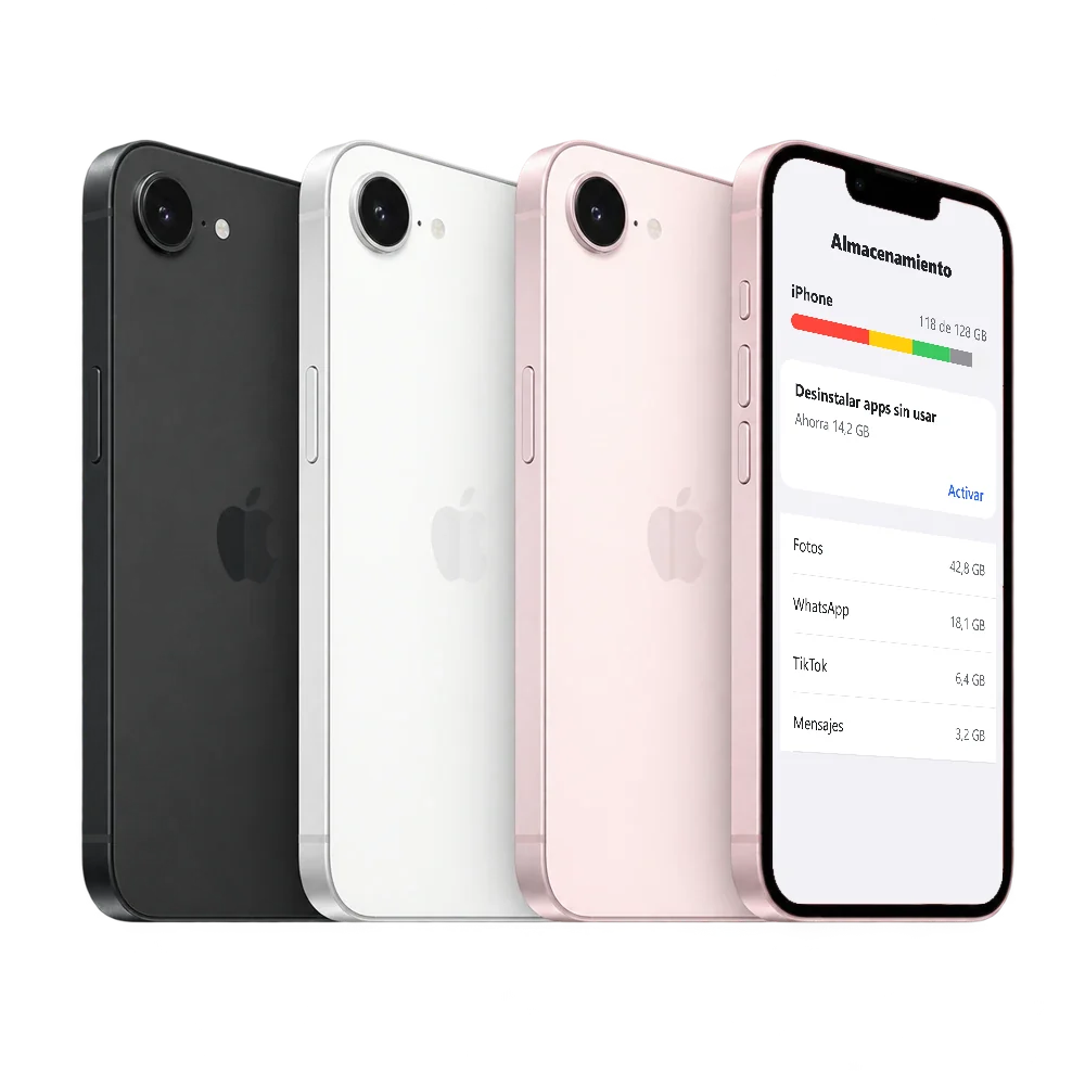 iPhone 17e con la pantalla Almacenamiento: 118 de 128 GB usados y la recomendación Desinstalar apps sin usar