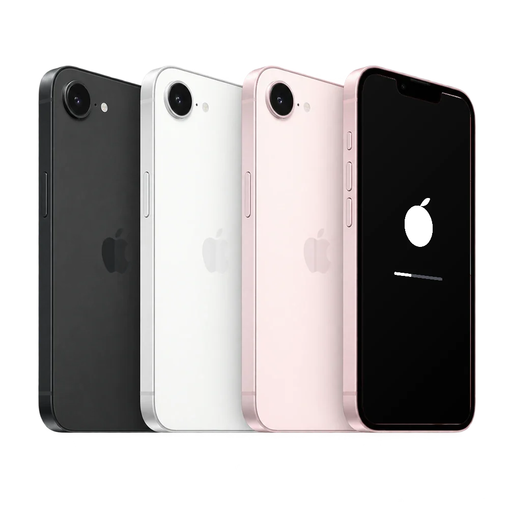 iPhone 17e con la pantalla negra, la manzana y una barra de progreso a medias