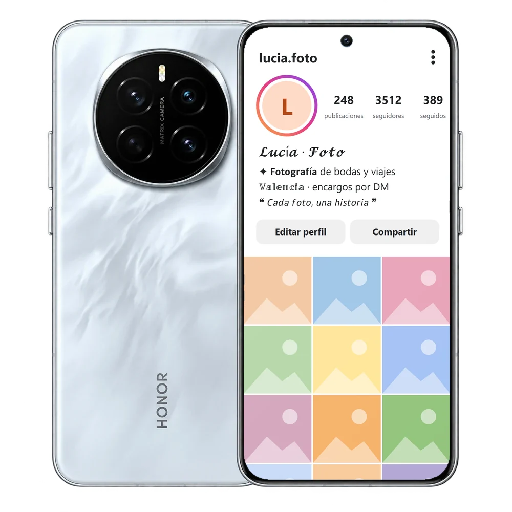 HONOR Magic7 con un perfil de Instagram que usa letras de caligrafía y negrita en el nombre y la presentación