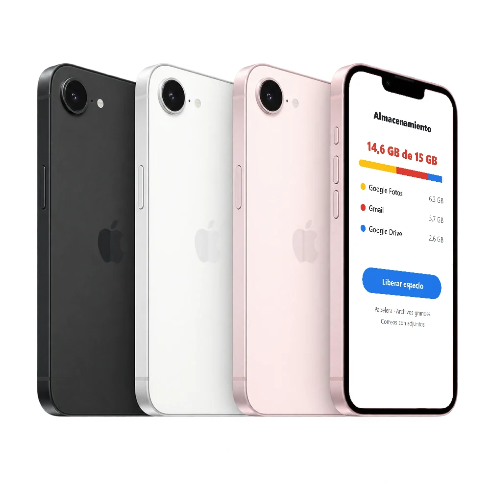 iPhone 17e con el almacenamiento de Google en 14,6 GB de 15 GB y el botón Liberar espacio
