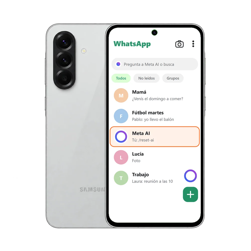 Samsung Galaxy A56 5G con la pestaña Chats de WhatsApp, el chat de Meta AI marcado y el círculo azul y morado de Meta AI