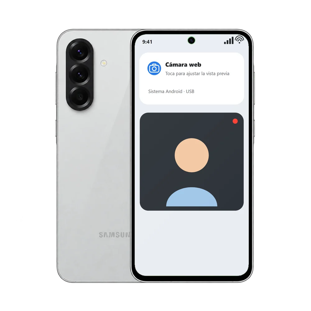 Samsung Galaxy A56 5G con la notificación Cámara web y la imagen de la videollamada