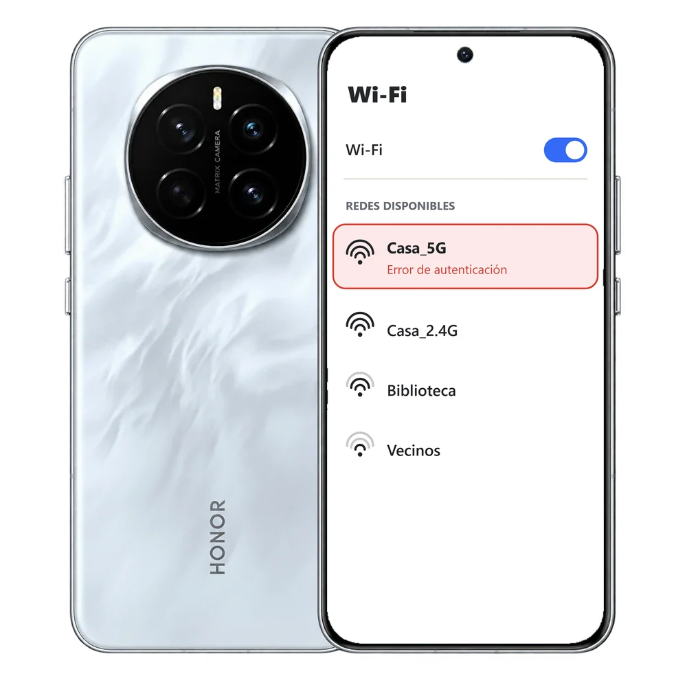 HONOR Magic7 con la lista de redes wifi y el aviso Error de autenticación en la red Casa_5G