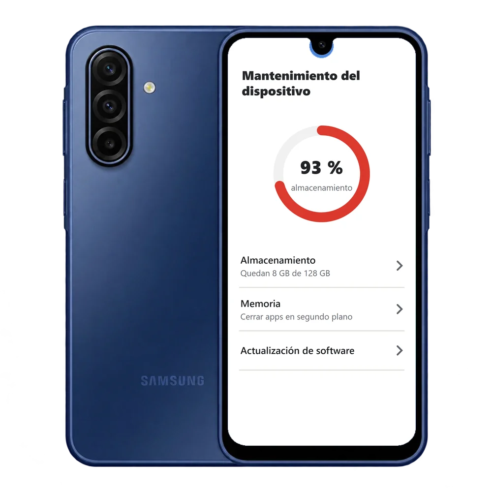 Samsung Galaxy A17 5G con Mantenimiento del dispositivo y el almacenamiento ocupado al 93 %