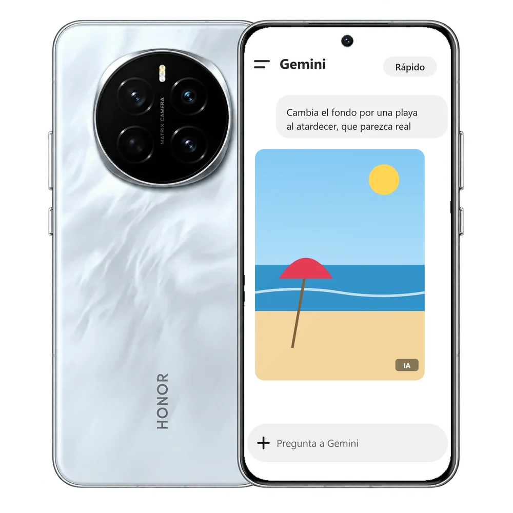 HONOR Magic7 con Gemini mostrando una foto editada con una playa al atardecer de fondo y la marca IA