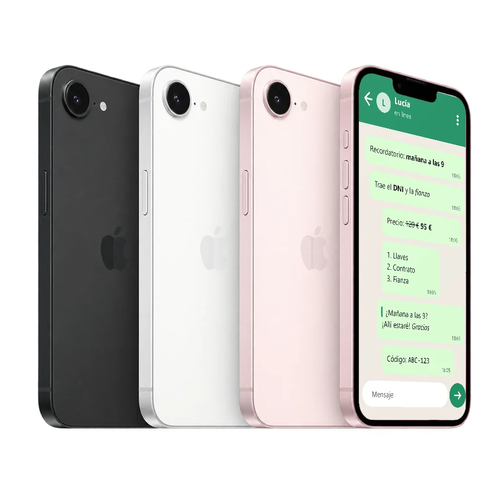 iPhone 17e con un chat de WhatsApp que usa negrita, cursiva, tachado, una lista, una cita y monoespaciado