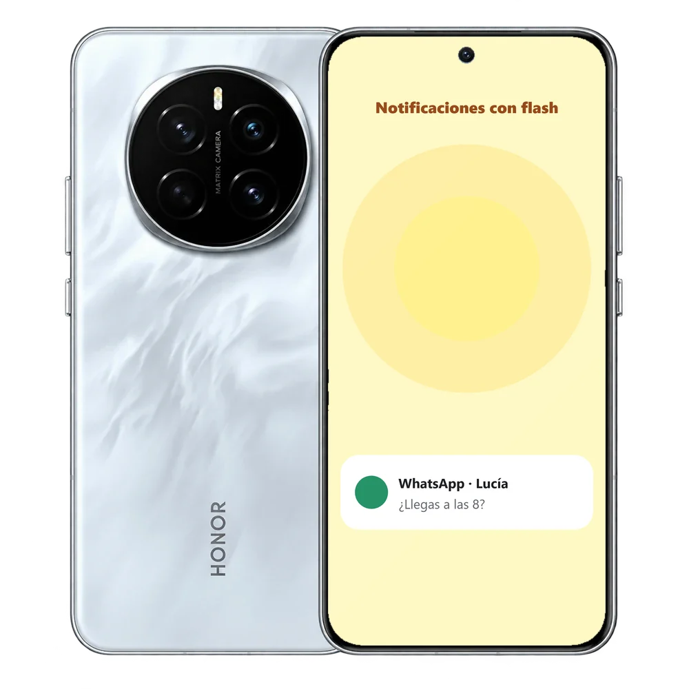 HONOR Magic7 con la pantalla iluminada en amarillo por una notificación de WhatsApp