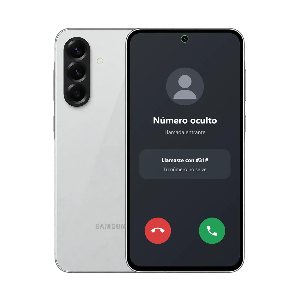 Samsung Galaxy A56 5G con una llamada entrante de Número oculto y el aviso Llamaste con #31#