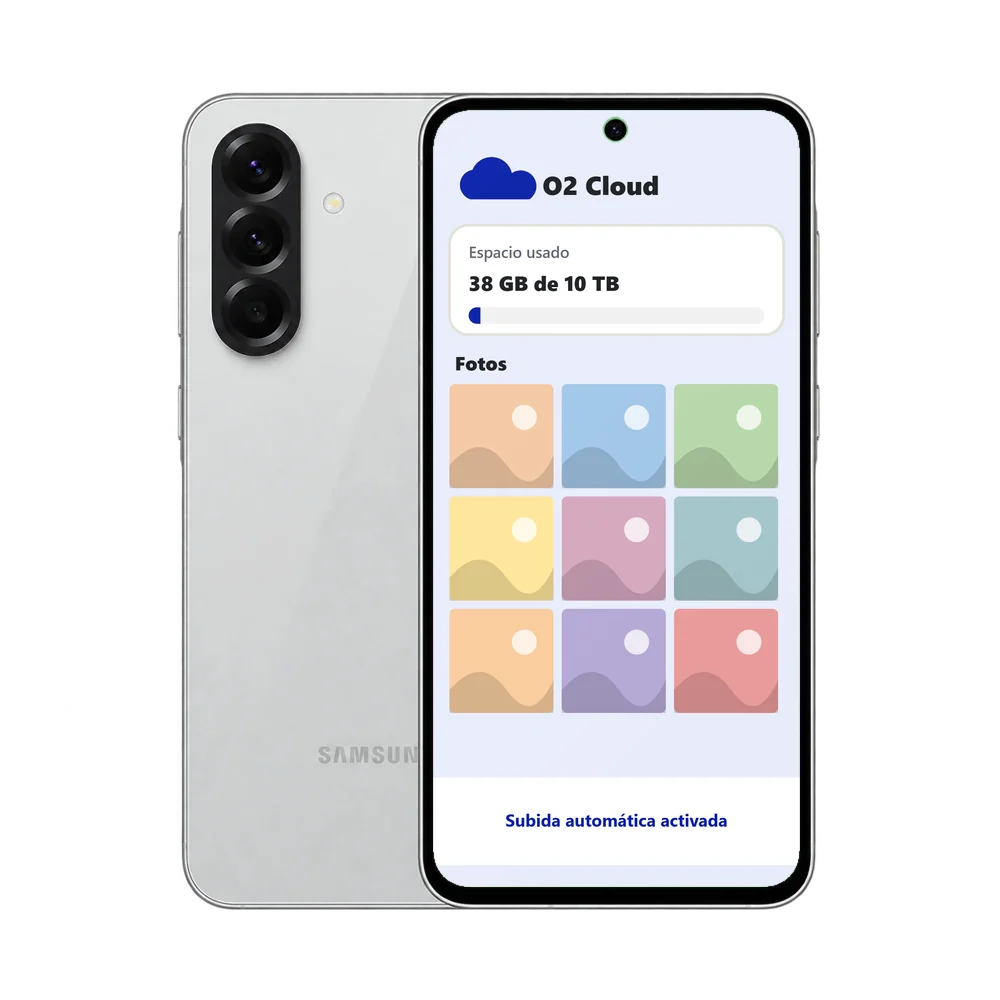 Samsung Galaxy A56 5G con la app O2 Cloud: 38 GB usados de 10 TB y la galería de fotos