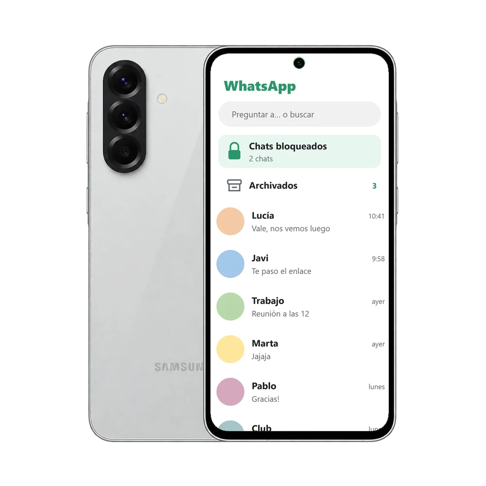 Samsung Galaxy A56 5G con WhatsApp abierto, la carpeta Chats bloqueados y Archivados