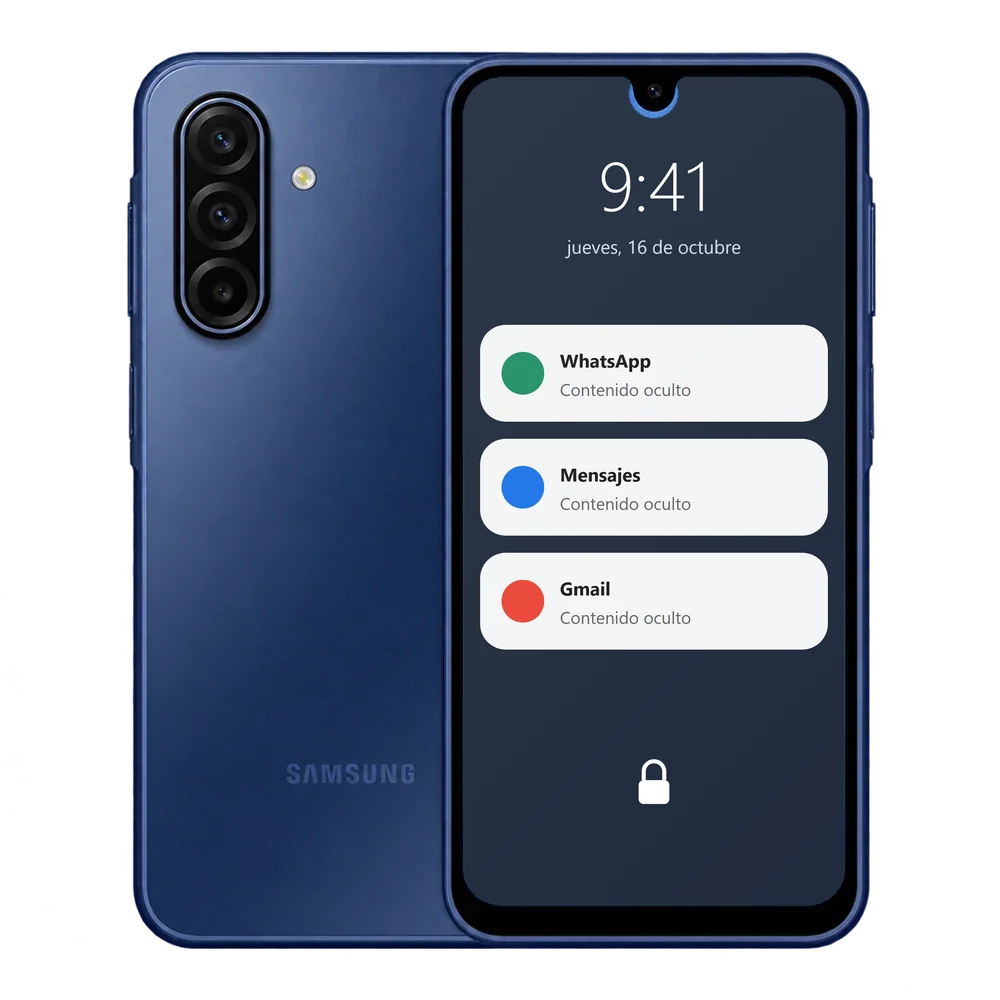 Samsung Galaxy A17 5G bloqueado con notificaciones de WhatsApp, Mensajes y Gmail con el contenido oculto