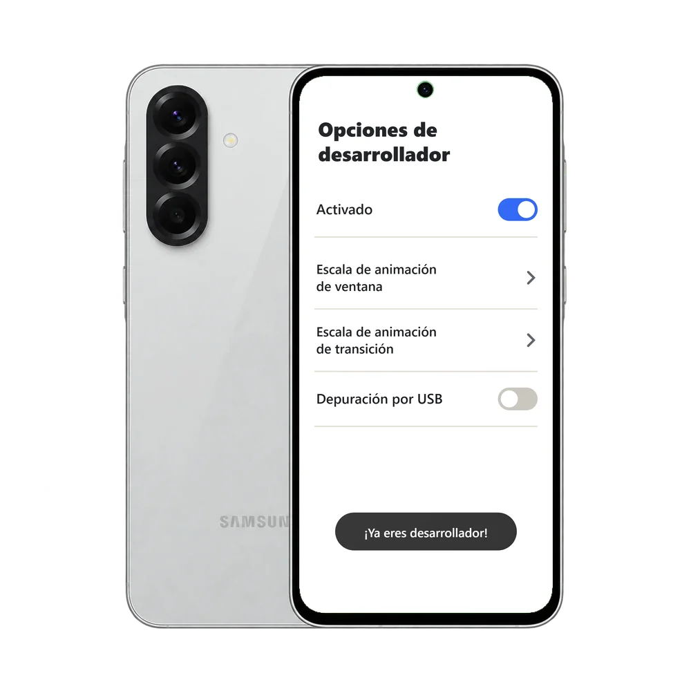 Samsung Galaxy A56 5G con el menú Opciones de desarrollador activado y el aviso ¡Ya eres desarrollador!